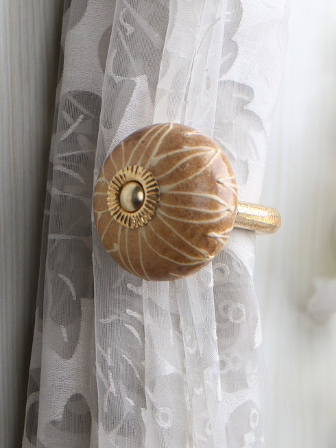 NEERJA EMBOSSED FLOWER DESIGN CURTAIN TIE BACKS HOOK - BROWN (SET OF TWO PIECES)